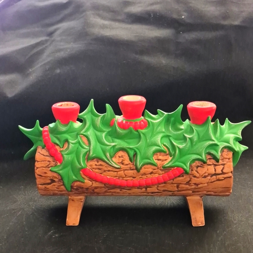Vintage ceramic yule log christmas candle holder MCM hand painted